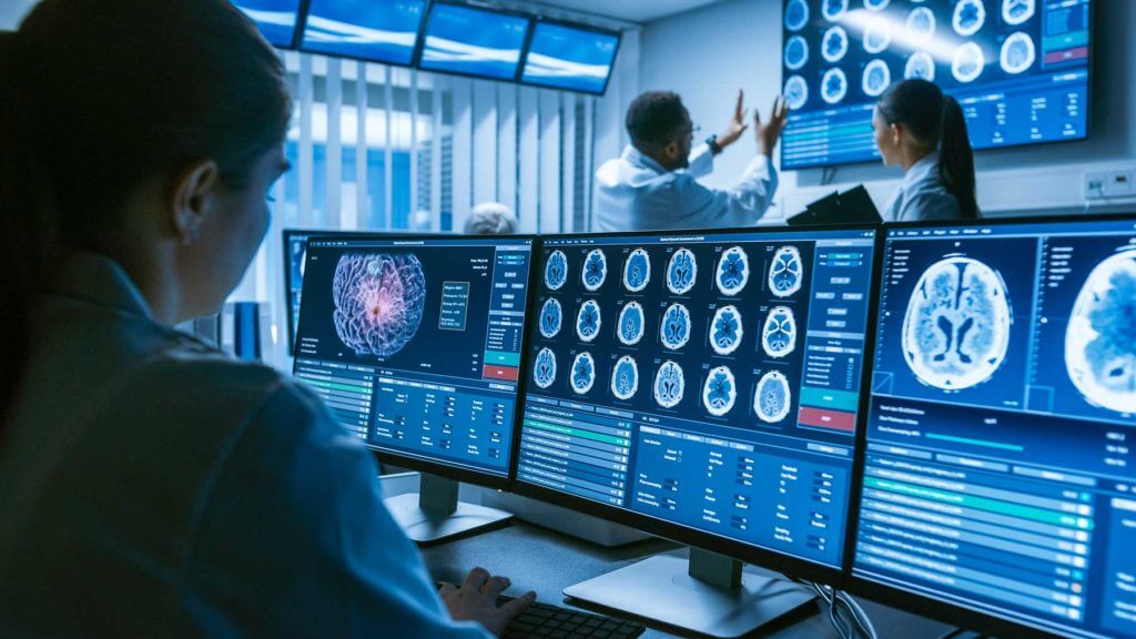 Over the shoulder shot of Doctor examining brain scans across 3 monitors in a lab.