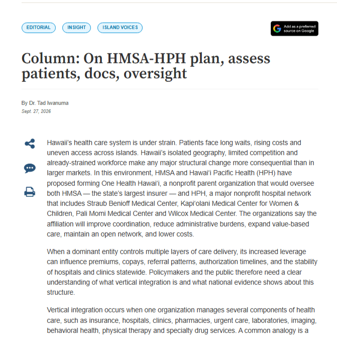 Column: On HMSA-HPH plan, assess patients, docs, oversight